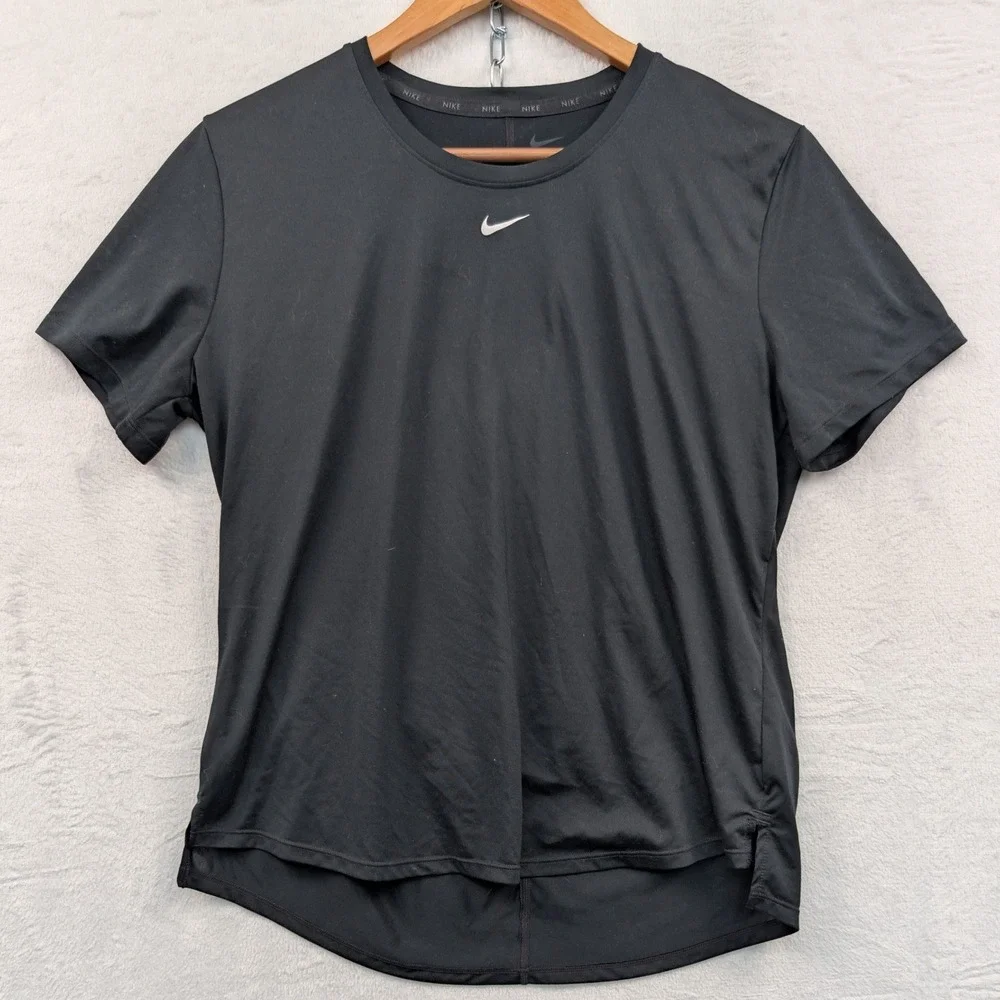 Nike Shirt Women's Large Black Dri-FIT Activewear Running Gym Center Swoosh